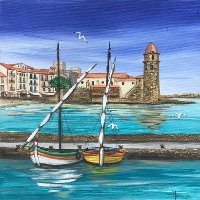 "Collioure église 2 barques" 30x30cm vendu