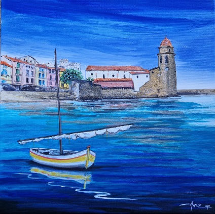 "Collioure église plage Boramar" 30x30cm vendu