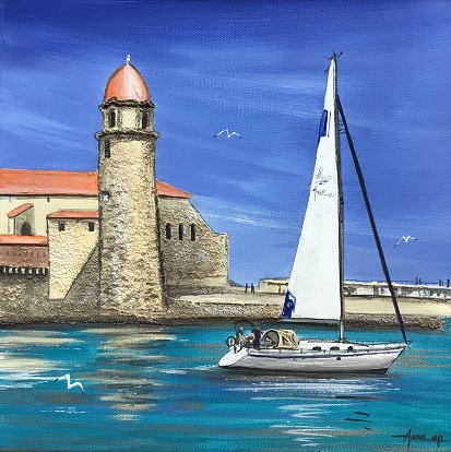 "Collioure et voilier" 30x30cm vendu