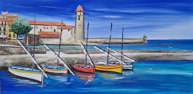 "Collioure église aux 5 barques" 40x80cm vendu